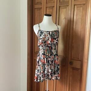 Orange and White Floral Stretch Mini Sun Dress, Size S